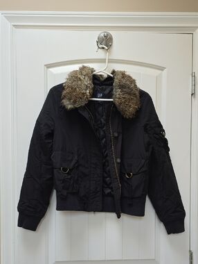 GAP Black Bomber Jacket with Faux Fur Collar